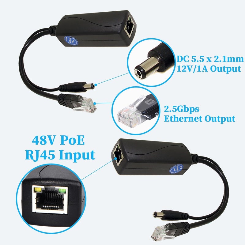 REVODATA 2.5G PoE Splitter 12V/1A, DC 5.5 * 2.1mm Plug, 48V PoE to DC 12V/1A 12W Output, 2.5Gbps Ethernet Comply IEEE802.3af/at, Plug and Play for IP Camera, Smart Home - Image 2